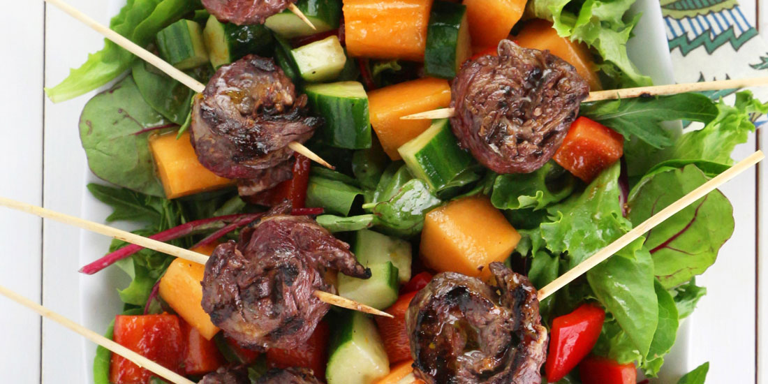 Beef “Lollipops” with Cantaloupe Salad