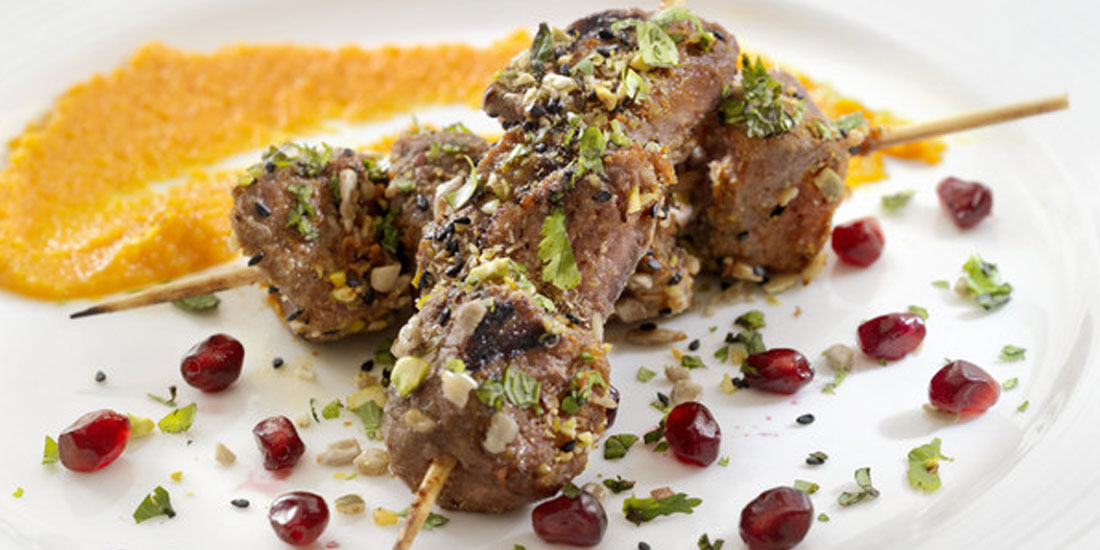 Beef Skewers with Roasted Tomato and Pomegranate Sauce and Dukkah
